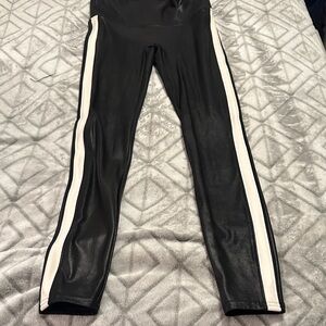 Black Faux Leather Leggings with White Stripes